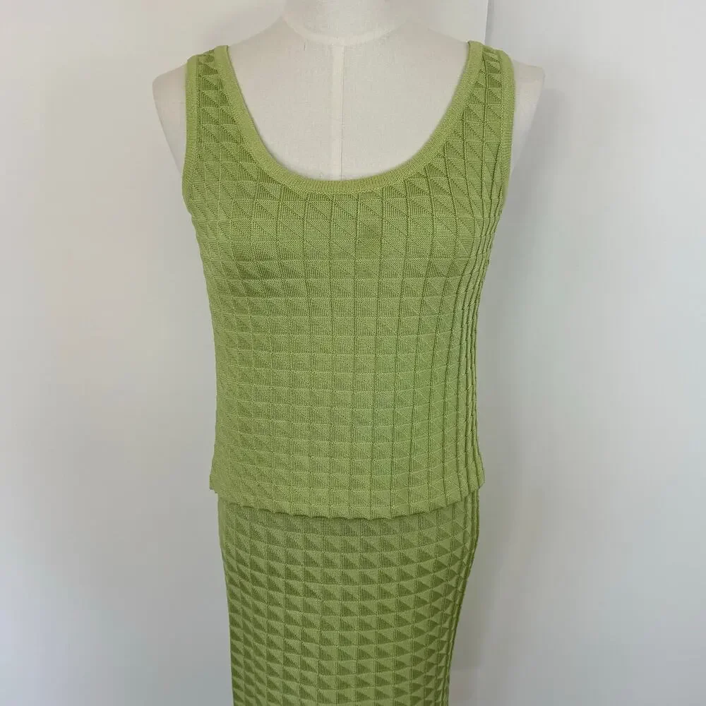 St. John Matching SET Santana Knit Sleeveless Top and Skirt Lime Green S/2